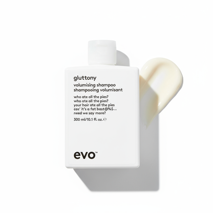 EVO Gluttony Volumising Shampoo white bottle with product swatch on white background