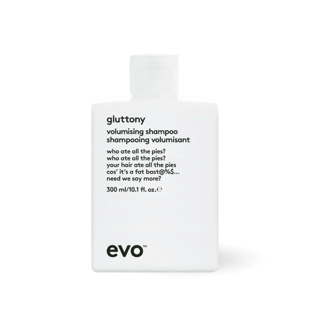 EVO Gluttony Volumising Shampoo in white 300ml bottle with black text label
