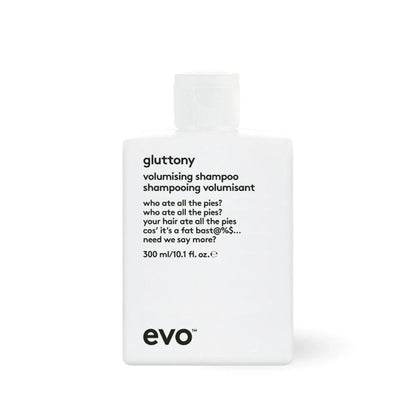 EVO Gluttony Volumising Shampoo in white 300ml bottle with black text label
