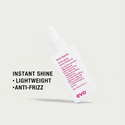 EVO lightweight hair shine spray in white bottle with pink text for instant shine and anti-frizz