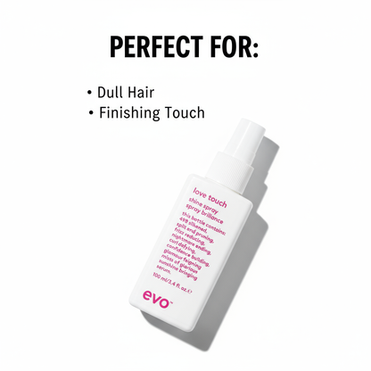 EVO lightweight hair shine spray in white bottle perfect for dull hair and finishing touch
