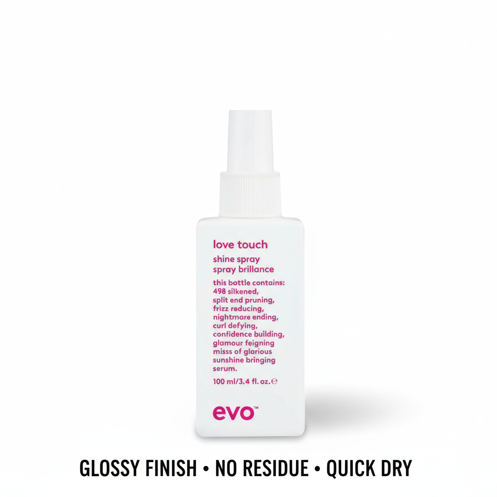 EVO lightweight hair shine spray in white bottle for glossy finish and quick drying styling aid