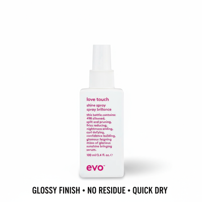 EVO lightweight hair shine spray in white bottle for glossy finish and quick drying styling aid