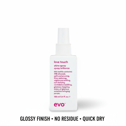 EVO lightweight hair shine spray in white bottle for glossy finish and quick drying styling aid