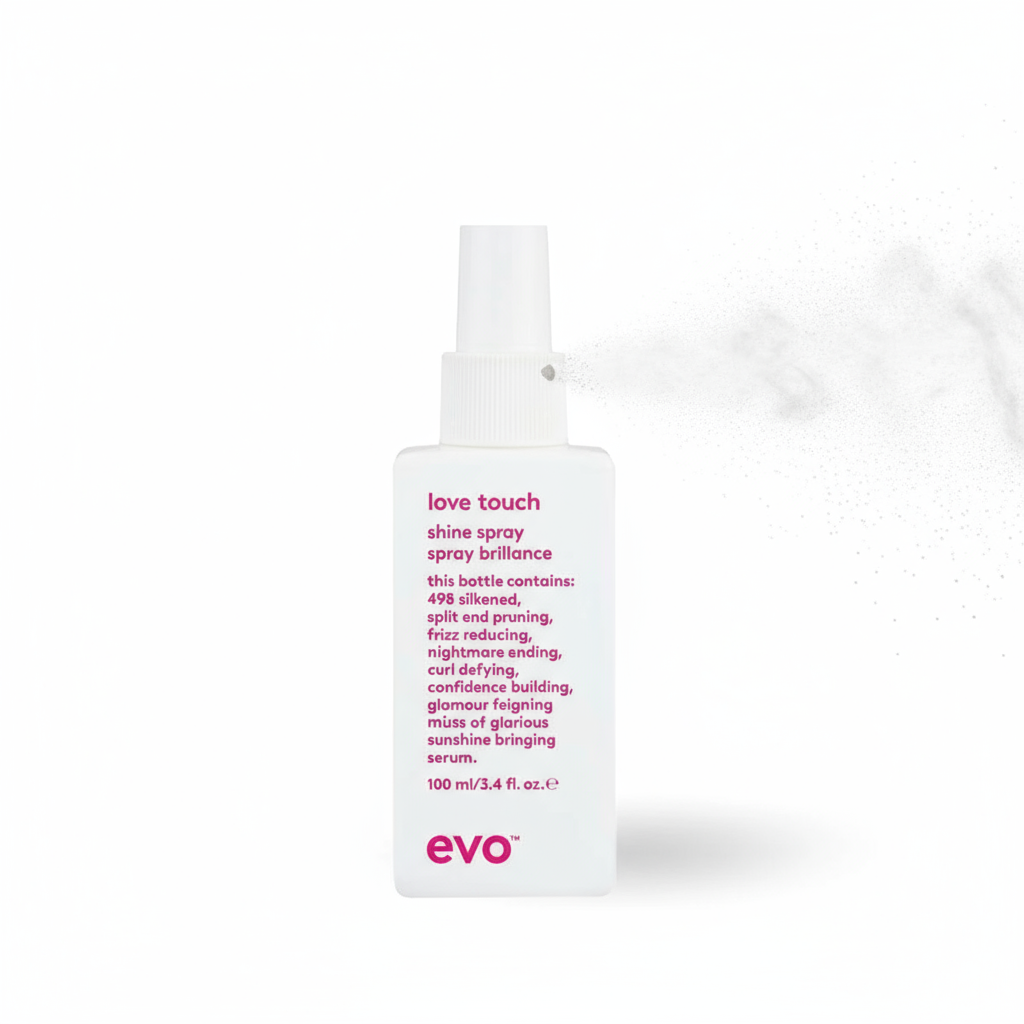 EVO lightweight hair shine spray Love Touch in white bottle with pink text and mist spray
