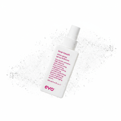 EVO lightweight hair shine spray in white bottle with pink text and fine mist spray