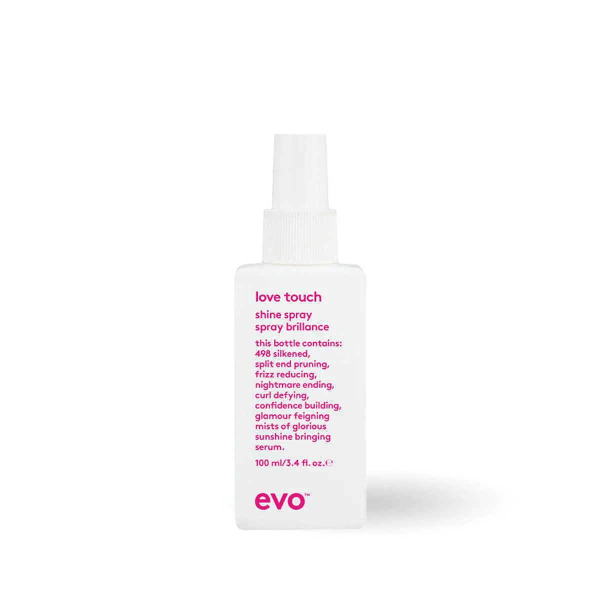 EVO lightweight hair shine spray Love Touch in white bottle with pink text