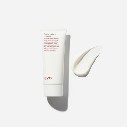 Evo Liquid Rollers Curl Defining Balm tube with cream swatch on white background