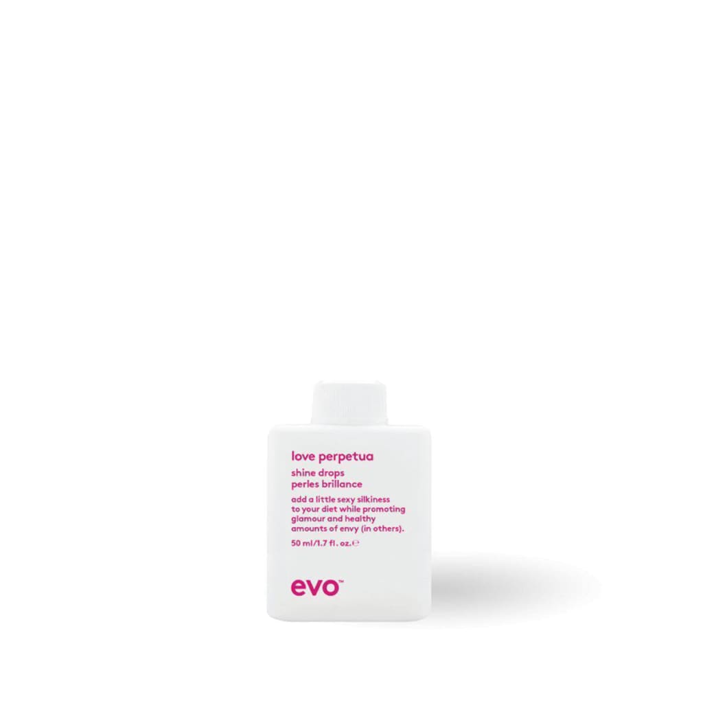 Close-up of EVO Love Perpetua Shine Drops 50ml on a white surface