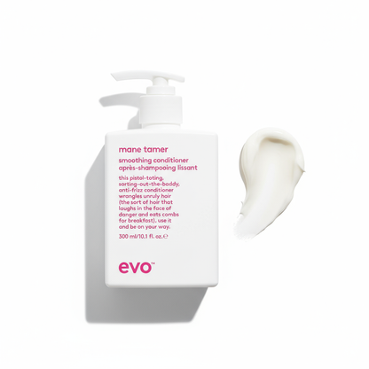 EVO Mane Tamer Smoothing Conditioner bottle with creamy conditioner swatch on white background