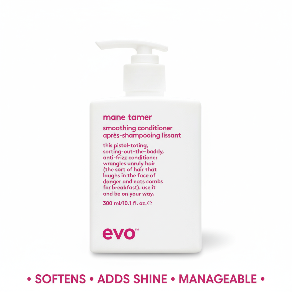 EVO Mane Tamer Smoothing Conditioner in white pump bottle for softening and adding shine