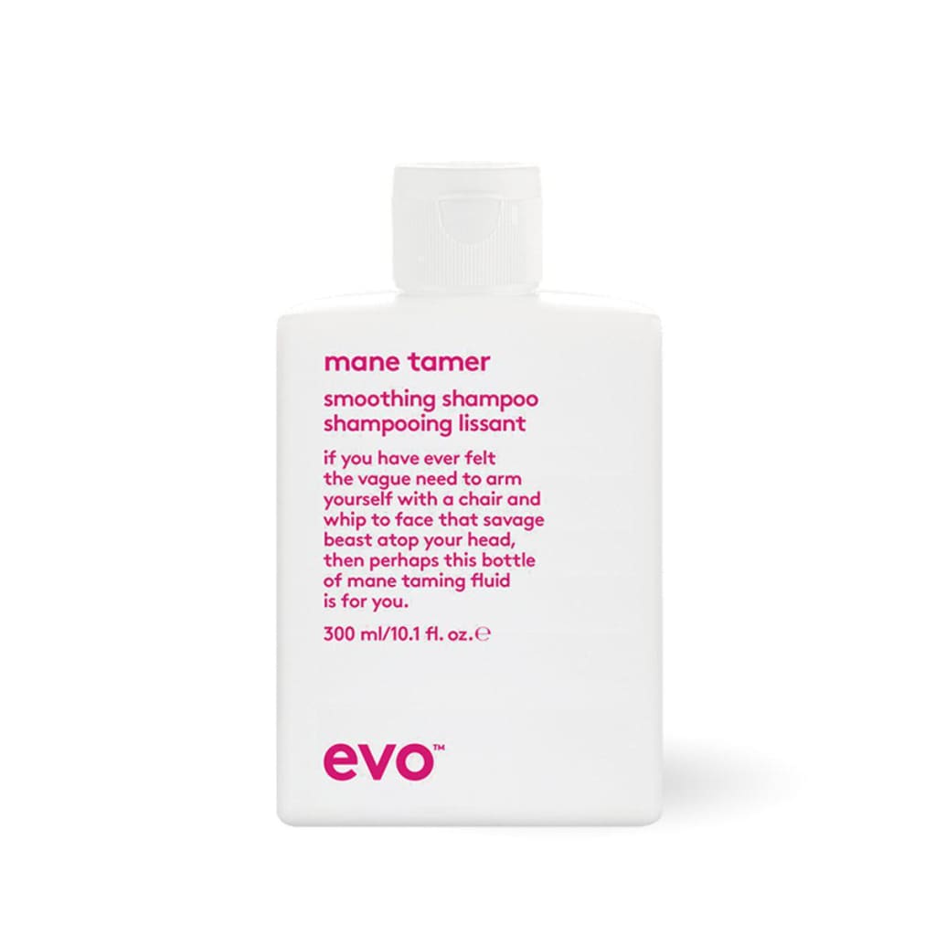 Close up of EVO Mane Tamer Smoothing Shampoo bottle on a white background | 300ml