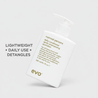 EVO Normal Persons Daily Conditioner white bottle with pump for lightweight daily use and detangling