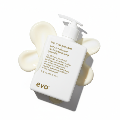EVO Normal Persons Daily Conditioner bottle with creamy conditioner swatch on white background