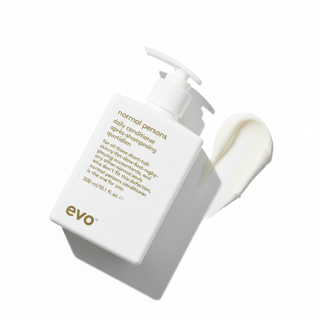 EVO Normal Persons Daily Conditioner white pump bottle with texture swatch on white background