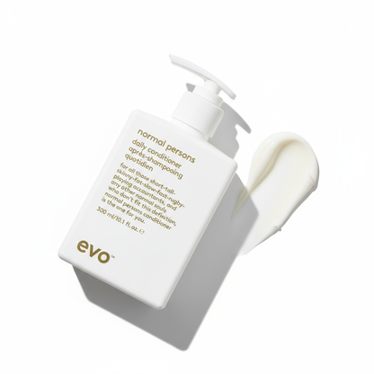EVO Normal Persons Daily Conditioner white pump bottle with texture swatch on white background