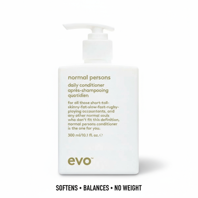 EVO Normal Persons Daily Conditioner in white bottle with pump for softening and balancing hair