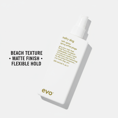 Evo Salty Dog Salt Spray 200ml white bottle with spray nozzle for beach texture and matte finish