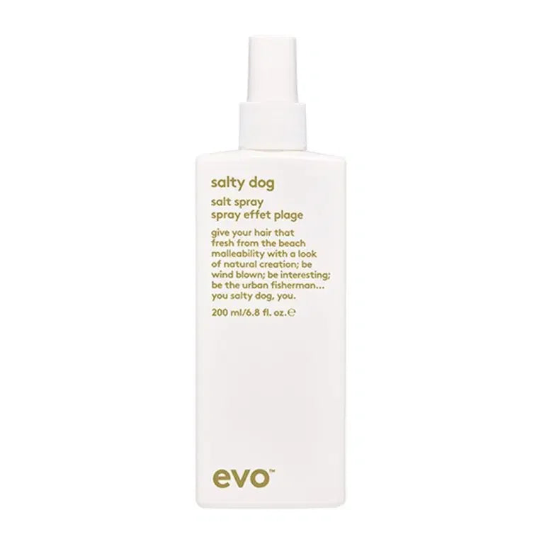 White spray bottle of ’Salty Dog’ hair product by Evo.