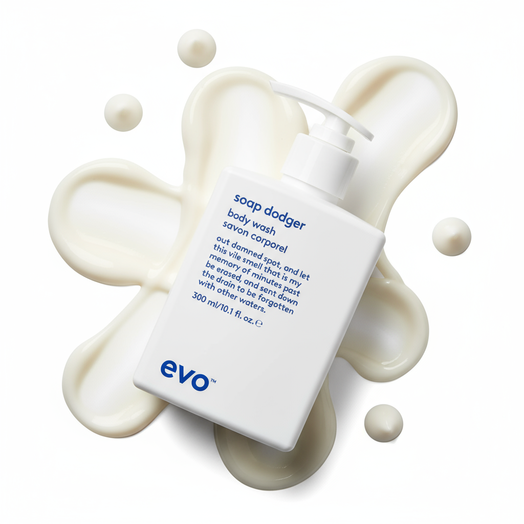 EVO Soap Dodger Nourishing Body Wash bottle with creamy body wash splash background