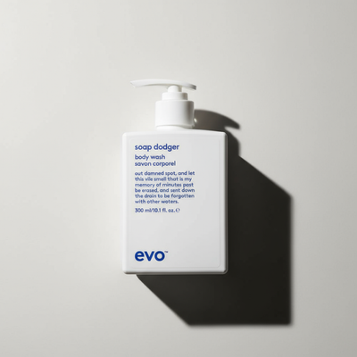 EVO Soap Dodger Nourishing Body Wash in white pump bottle with blue text on light background