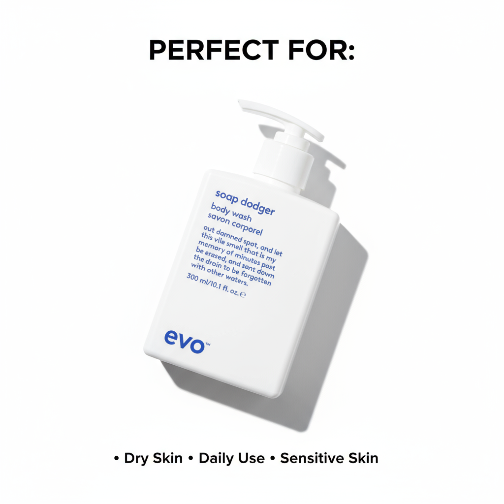 EVO Soap Dodger Nourishing Body Wash in a white pump bottle for dry and sensitive skin