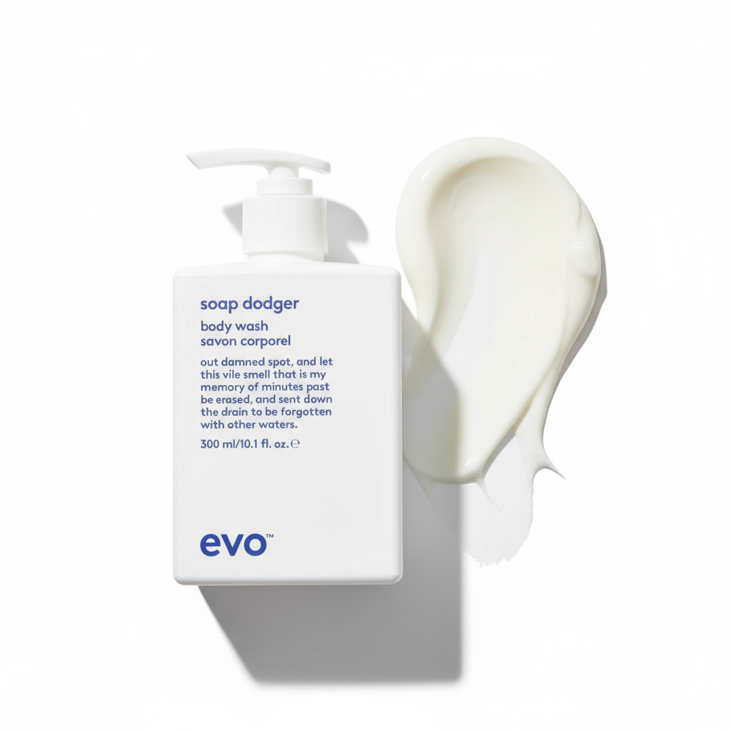 EVO Soap Dodger Nourishing Body Wash 300ml bottle with creamy white body wash swatch