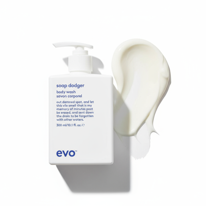 EVO Soap Dodger Nourishing Body Wash 300ml bottle with creamy white body wash swatch