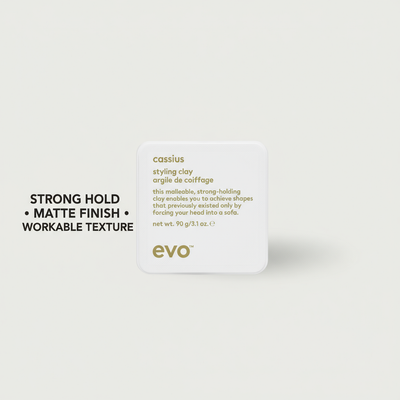 EVO strong hold hair clay for men in white container with matte finish and workable texture