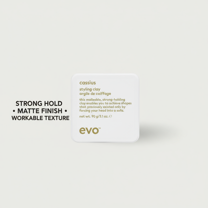 EVO strong hold hair clay for men in white container with matte finish and workable texture