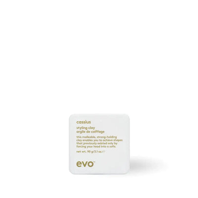 EVO strong hold hair clay for men in white square container with gold text styling aid