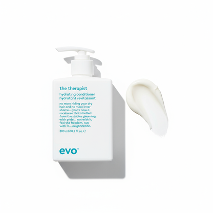 EVO the Therapist Hydrating Conditioner bottle with creamy white conditioner swatch on white background