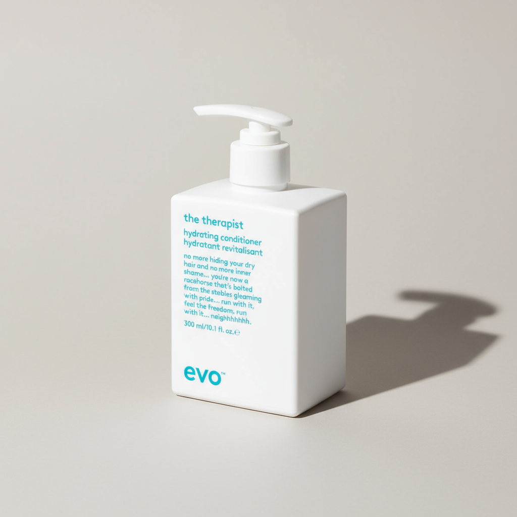 EVO the Therapist Hydrating Conditioner white pump bottle with blue text on light background