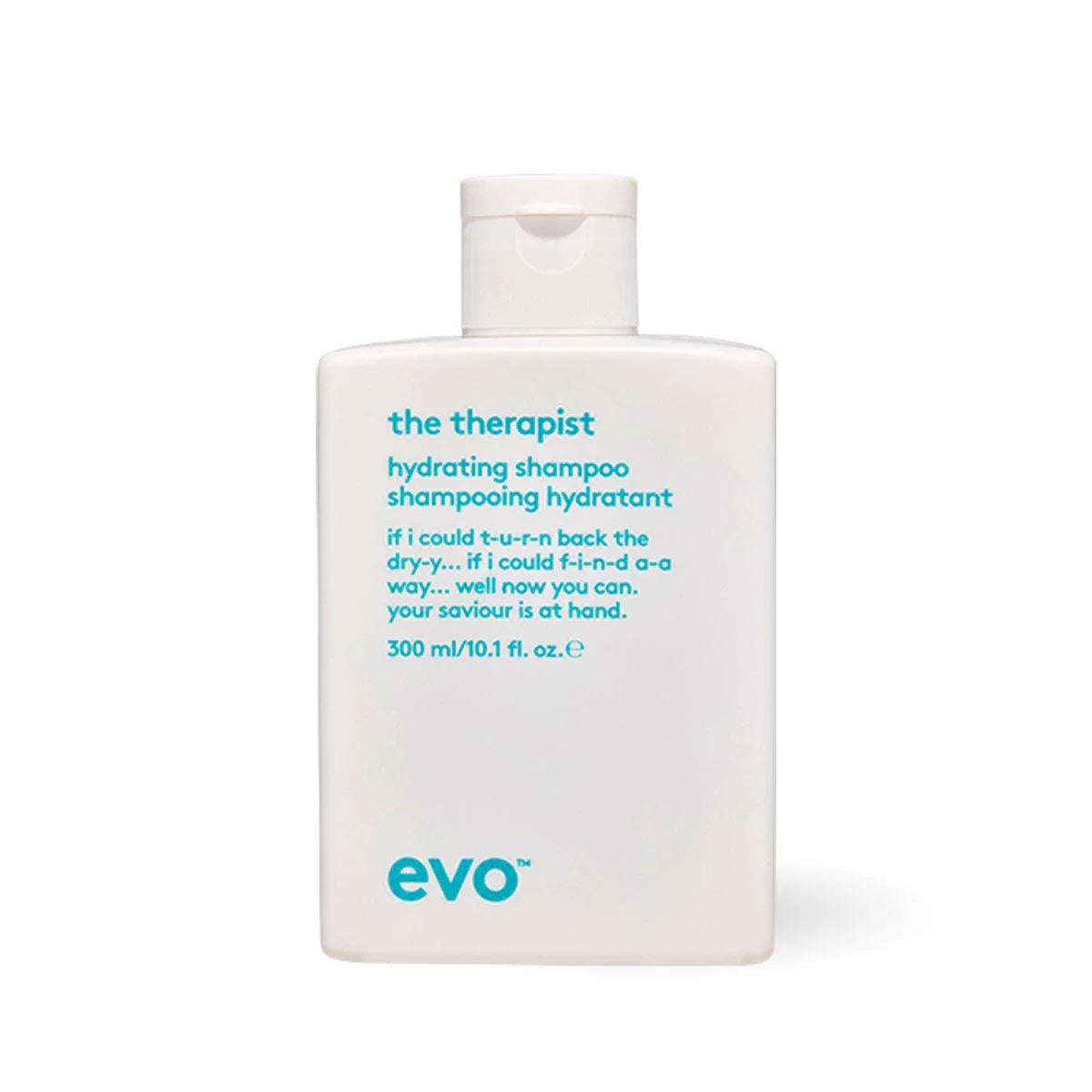 Close up of EVO the therapist hydrating shampoo 300ml bottle on white background