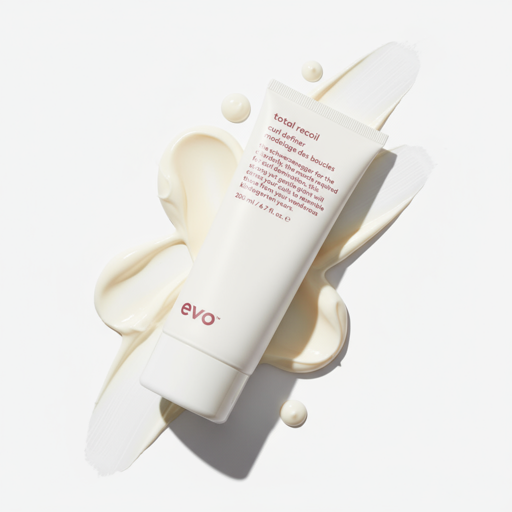 EVO Total Recoil Curl Definer tube on white background with creamy product texture swirls