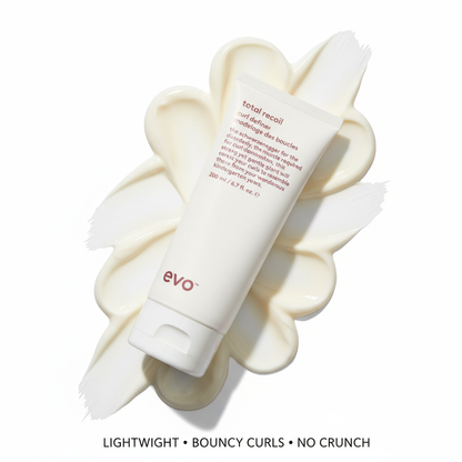 EVO Total Recoil Curl Definer tube on white cream background highlighting lightweight formula for bouncy curls