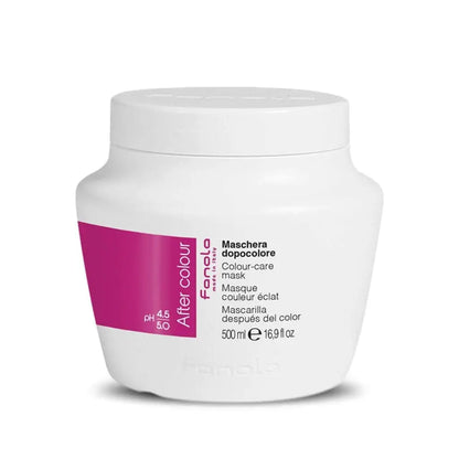 White plastic jar with a pink label for color-care hair mask.