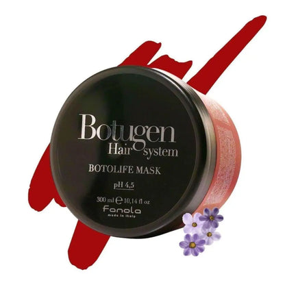 Black circular container of Botugen Hair System Botolife Mask with product information on the lid.