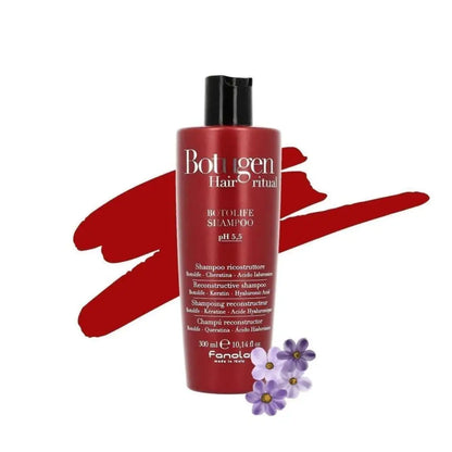 Red bottle of Bolugen hair ritual moisture shampoo with purple flowers beside it.