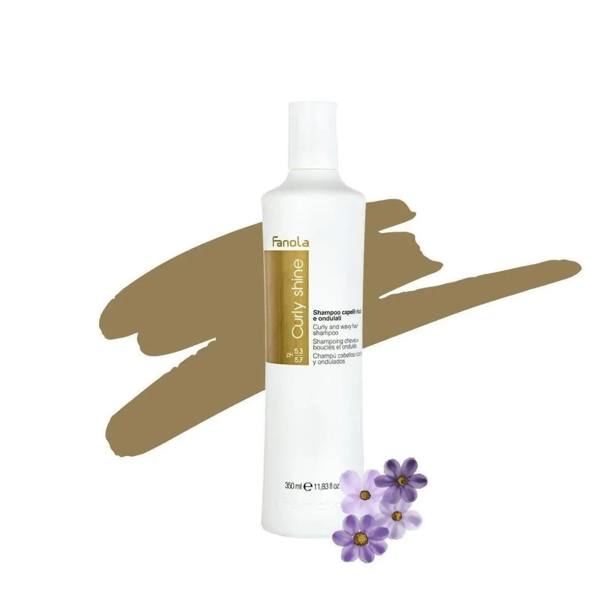 White bottle of Fanola Curly Shine wavy hair shampoo with gold label and purple flower accents