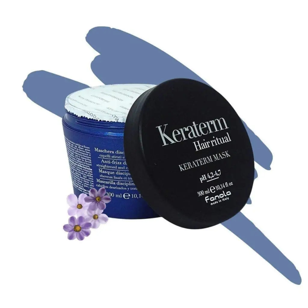 Hair mask product container labeled ’Keraterm’ with a black lid and blue base.