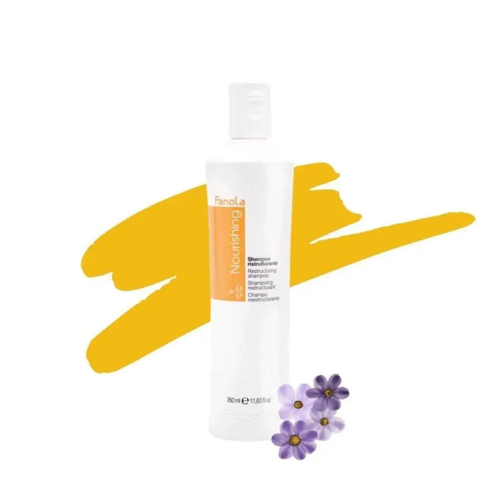 White bottle of hair care product with orange label, accompanied by yellow paint stroke and purple flowers.