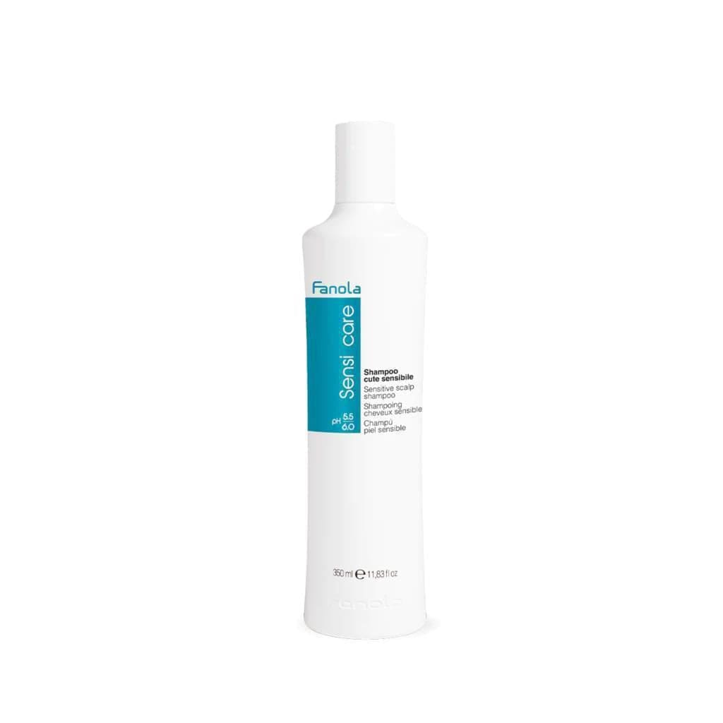 White bottle of Fanola Sensi Care shampoo with teal label for sensitive scalp care