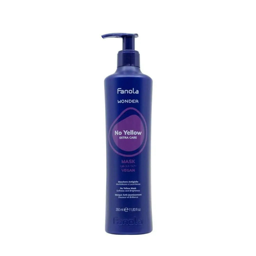 Blue plastic bottle of Fanola No Yellow hair care product with a pump dispenser.