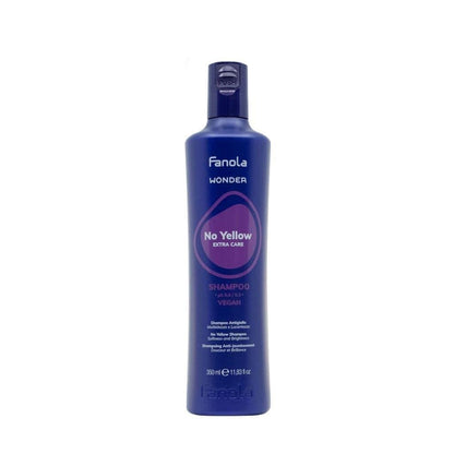 Blue bottle of Fanola Wonder No Yellow Shampoo 350ml for radiant hair