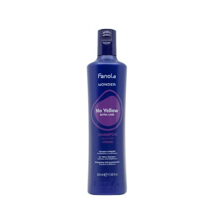 Blue bottle of Fanola Wonder No Yellow Shampoo 350ml for radiant hair