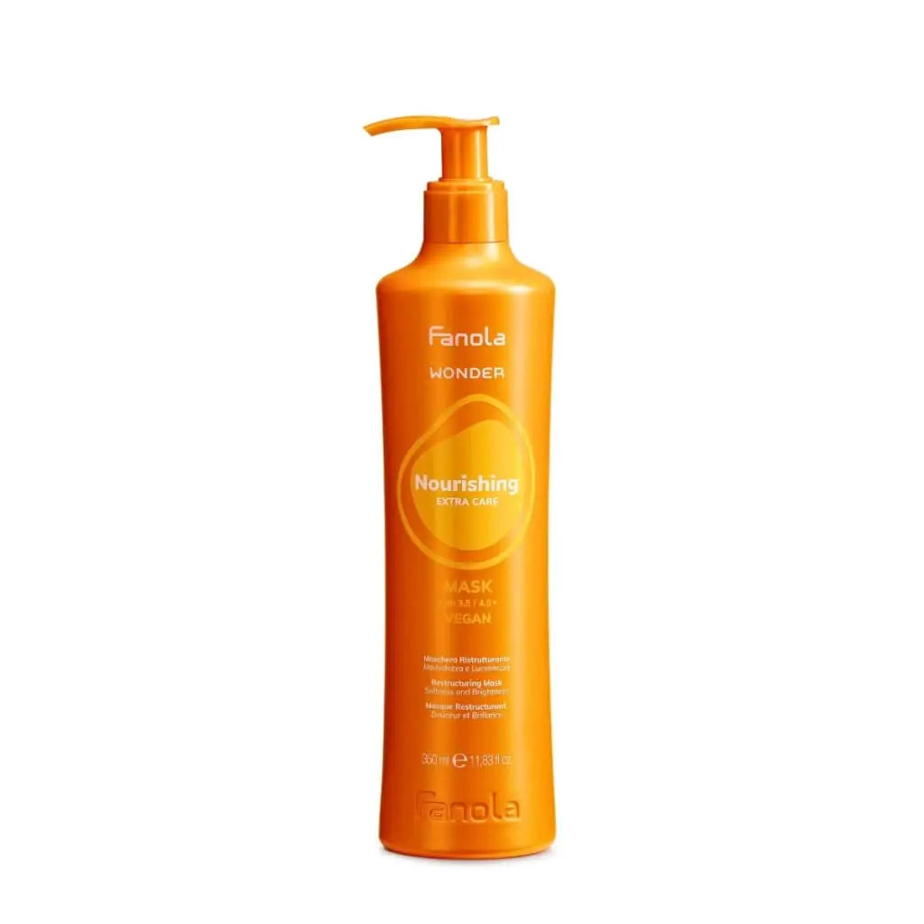 Orange plastic bottle of Fanola nourishing shampoo with a pump dispenser.