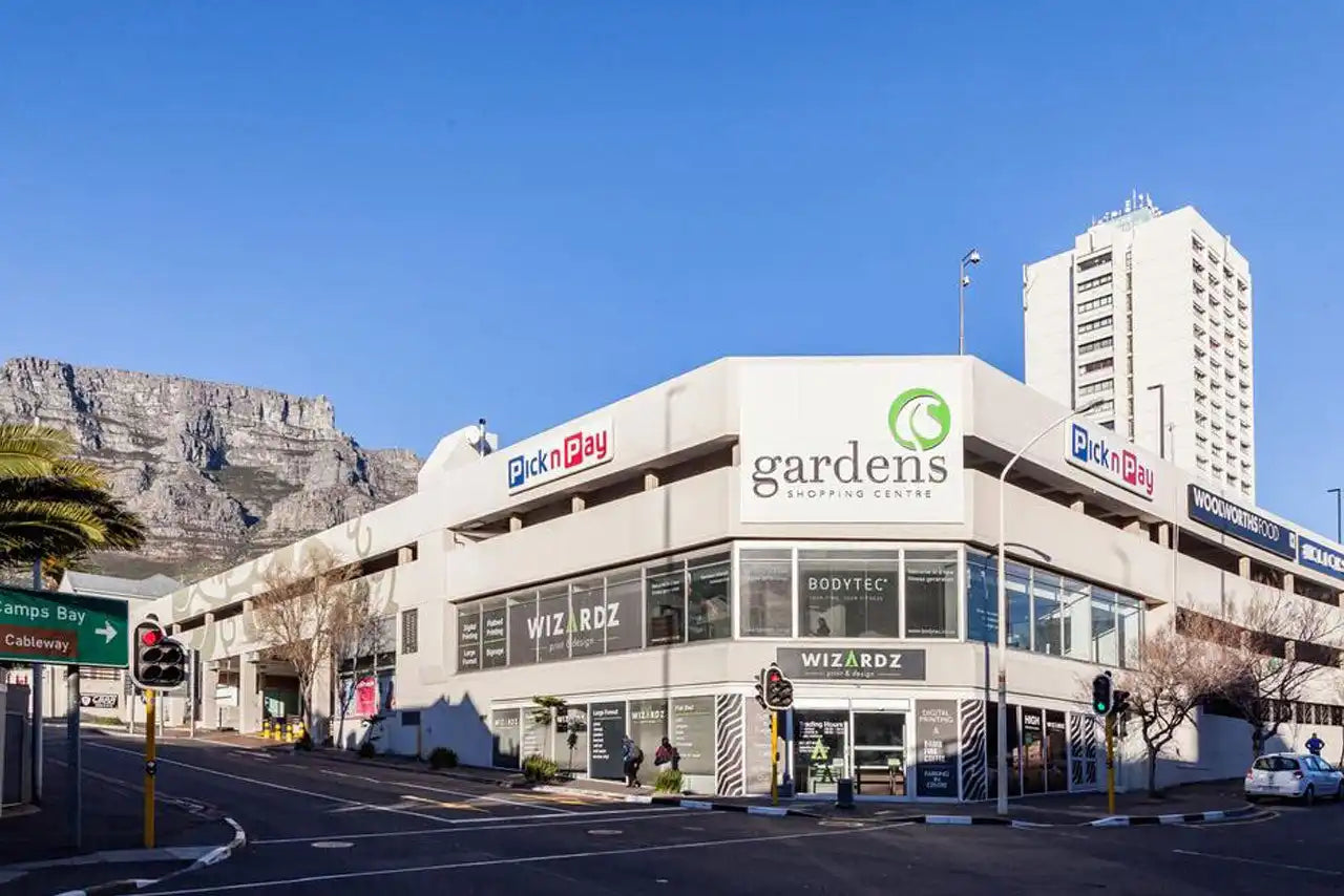 Gardens Shopping Centre building with Table Mountain visible behind it.