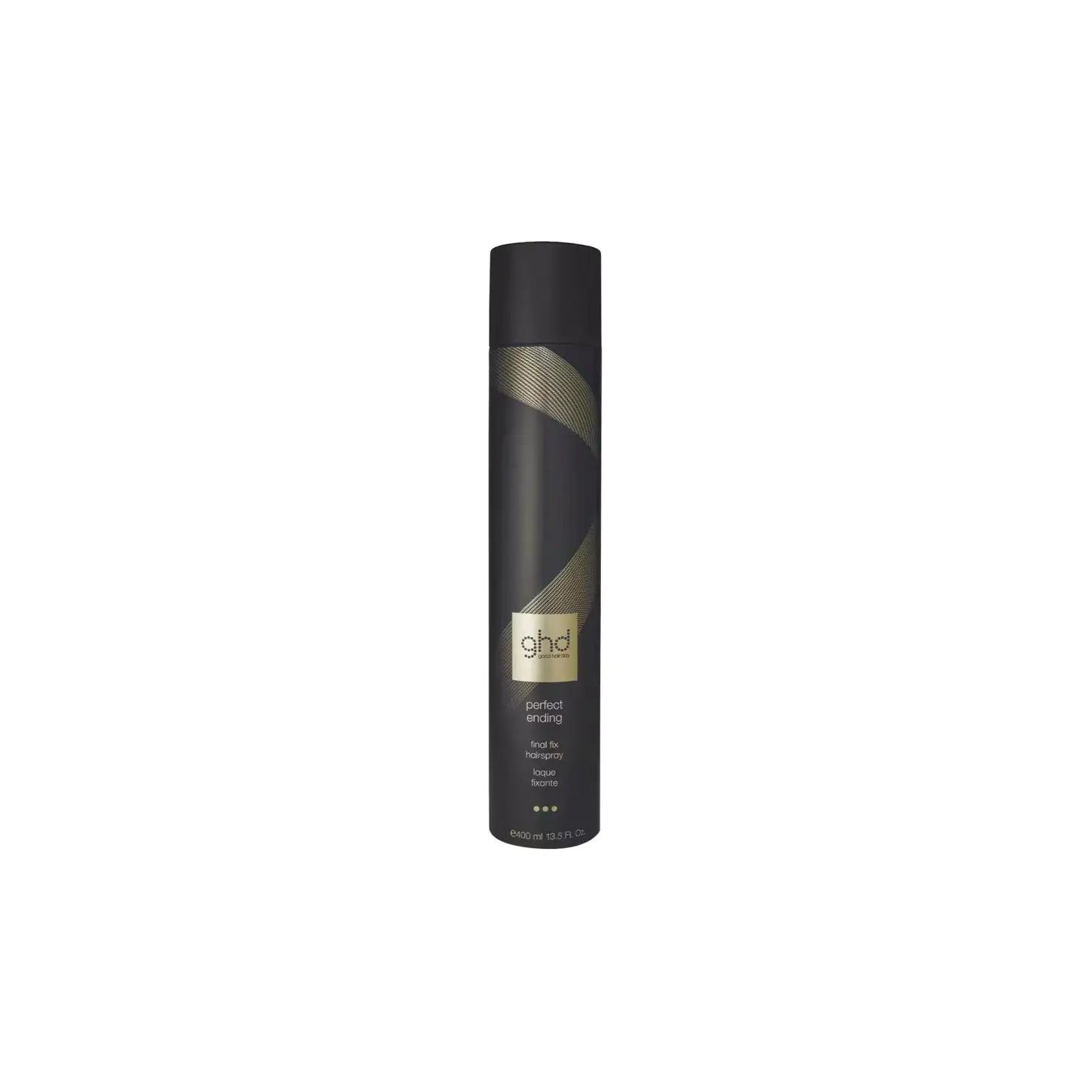 Black cylindrical ghd Perfect Ending Final Fix Hairspray 400ml with gold accents