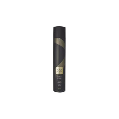 Black cylindrical ghd Perfect Ending Final Fix Hairspray 400ml with gold accents